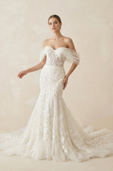 Ivory Off - the - Shoulder Lace Mermaid Wedding Dress - KissProm Wedding Dresses