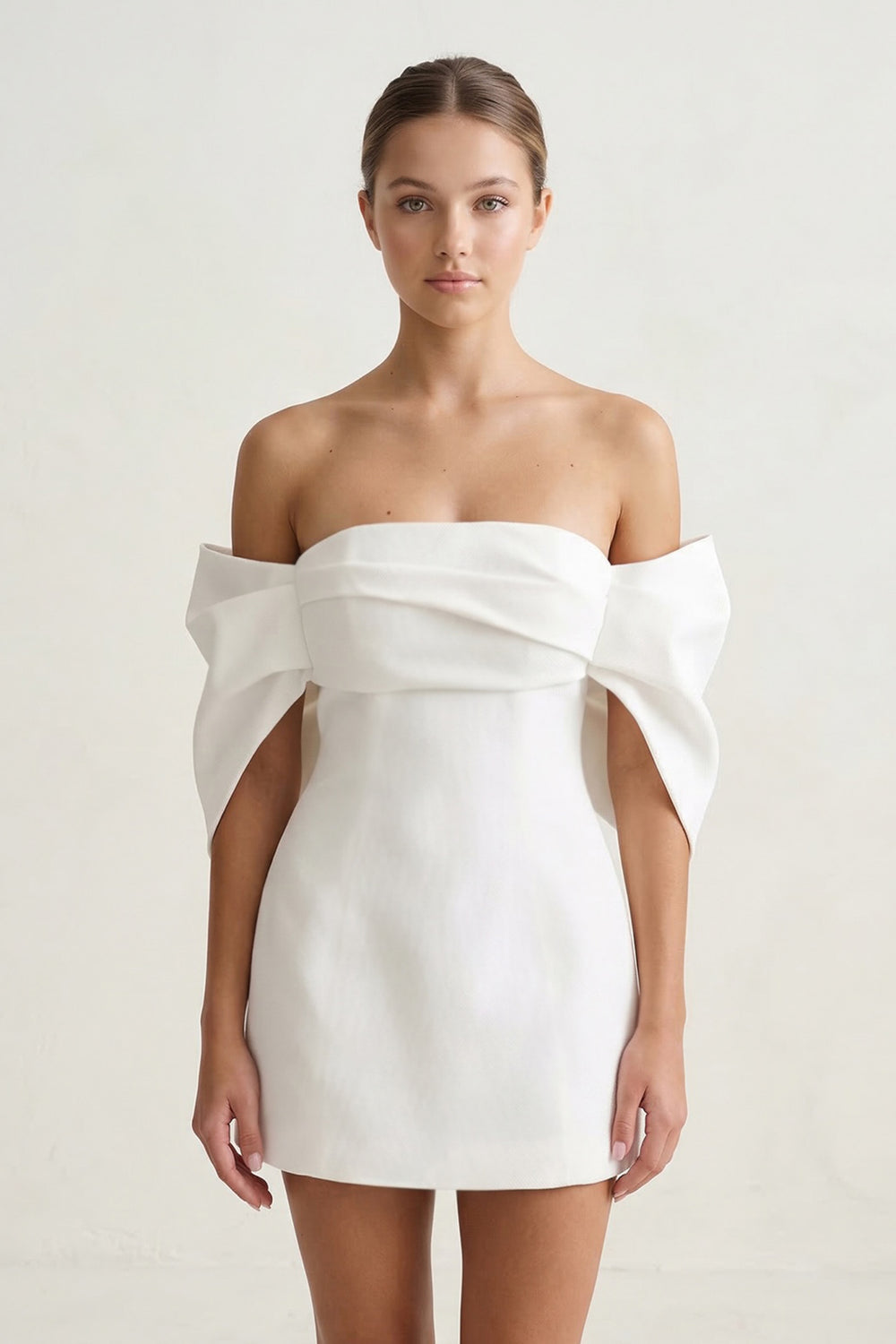 Ivory Off-the-Shoulder Mini Graduation Dress With Bow - KISSPROM