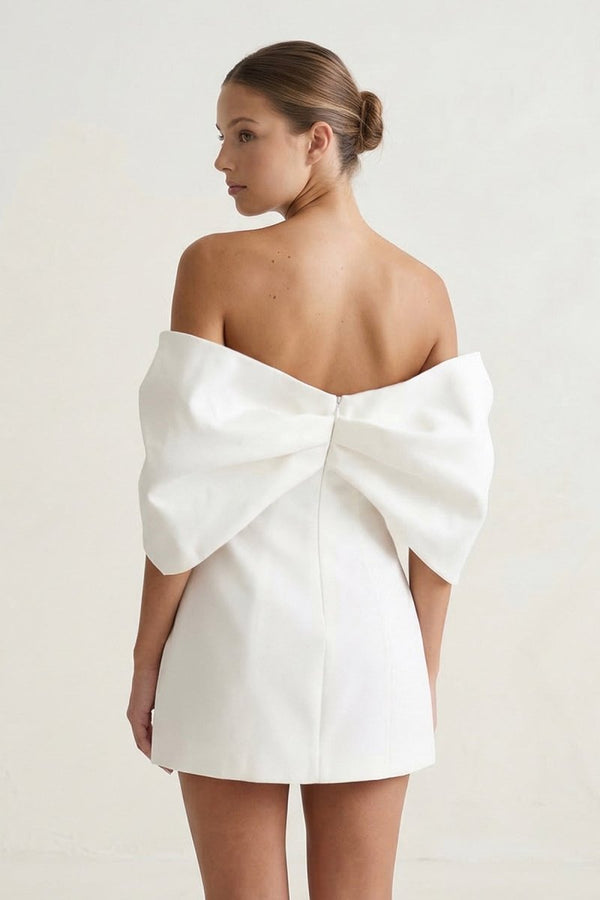 KissProm Ivory Off-the-Shoulder Mini Graduation Dress With Bow, Ivory / 2