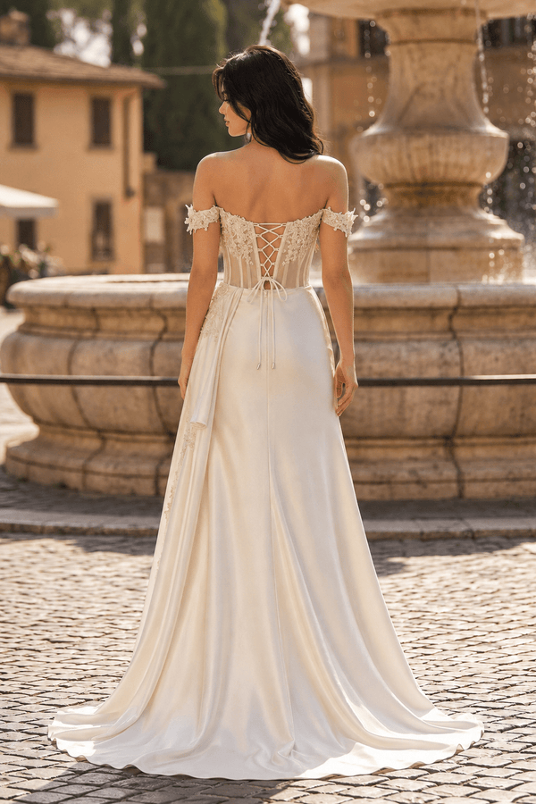 Ivory Off the Shoulder Satin Beaded Long Party Dress With Slit (2) | KISSPROM