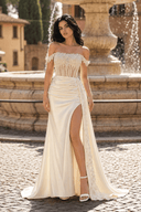 Ivory Off the Shoulder Satin Beaded Long Party Dress With Slit | KISSPROM