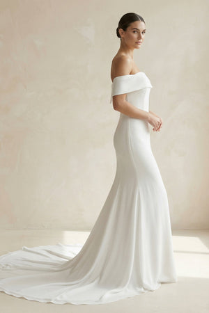 Ivory Off - the - Shoulder Satin Mermaid Wedding Dress - KissProm Wedding Dresses