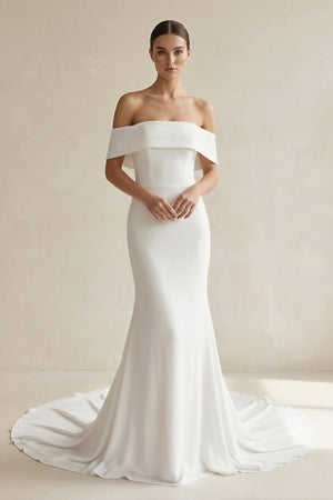 Ivory Off - the - Shoulder Satin Mermaid Wedding Dress - KissProm Wedding Dresses