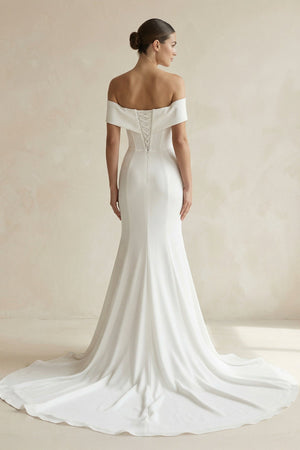 Ivory Off - the - Shoulder Satin Mermaid Wedding Dress - KissProm Wedding Dresses