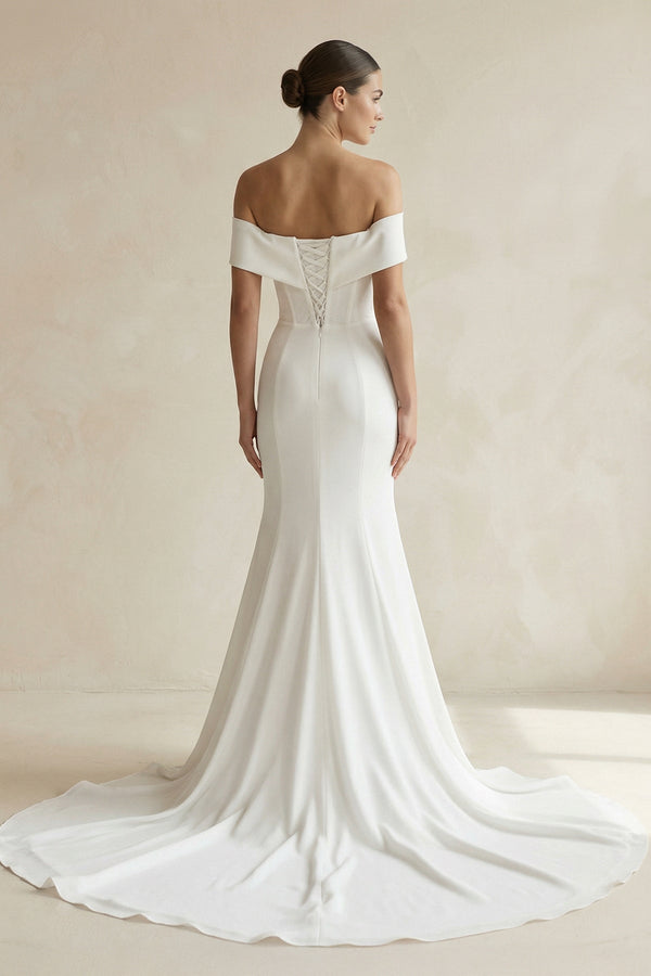 Ivory Off - the - Shoulder Satin Mermaid Wedding Dress - KissProm Wedding Dresses