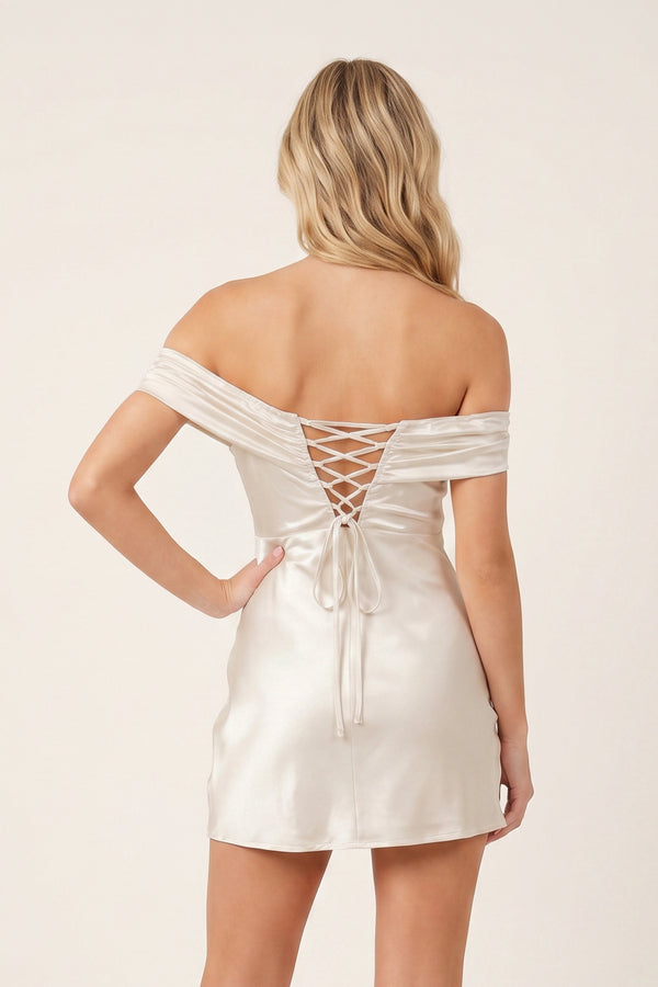Ivory Off-the-Shoulder Satin Sheath Homecoming Dress - KissProm