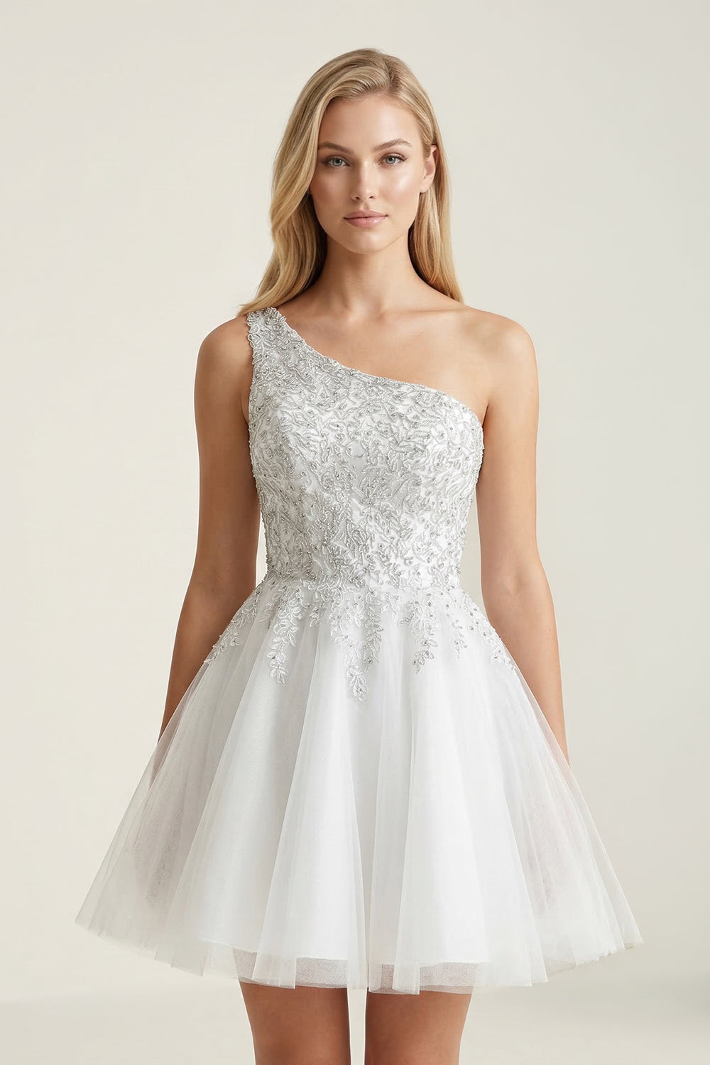 Ivory One-Shoulder Lace Appliqued Tulle Graduation Dress - KISSPROM