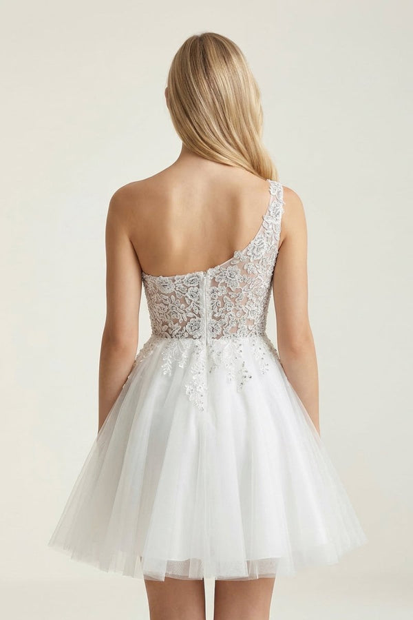 Ivory One-Shoulder Lace Appliqued Tulle Graduation Dress – Graduation Dresses by KissProm | Available at KissProm