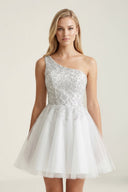 Ivory One-Shoulder Lace Appliqued Tulle Graduation Dress – Graduation Dresses by KissProm | Available at KissProm