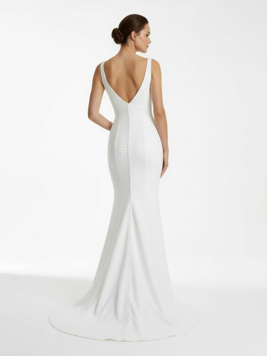 Ivory Plunge V Open Back Mermaid Long Wedding Dress - KissProm
