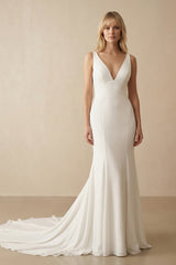 Ivory Plunge V Open Back Mermaid Long Wedding Dress – Wedding Dresses by KissProm | Available at KissProm