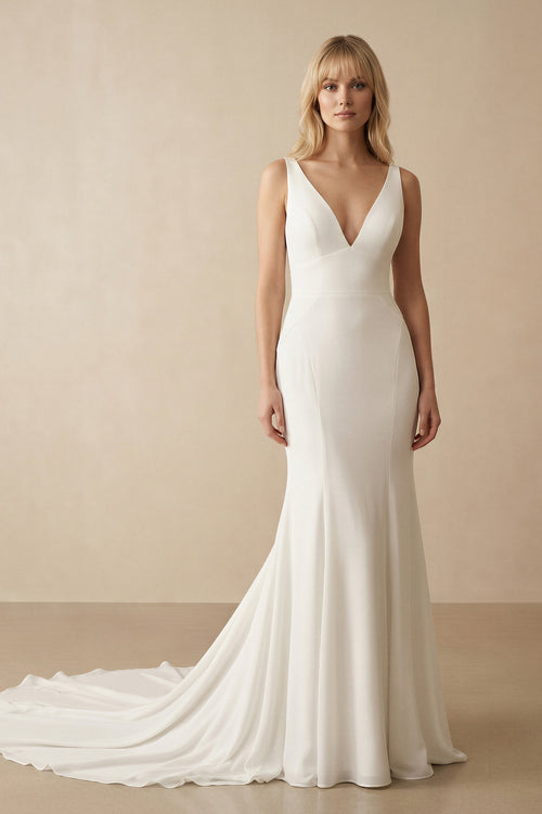Ivory Plunge V Open Back Mermaid Long Wedding Dress – Wedding Dresses by KissProm | Available at KissProm