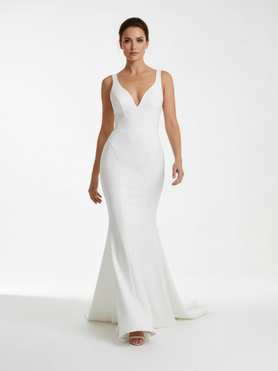Ivory Plunge V Open Back Mermaid Long Wedding Dress - KissProm