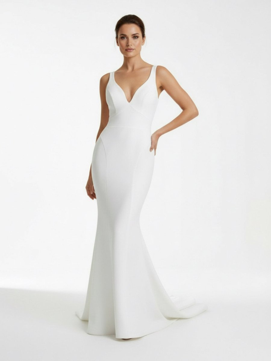 Ivory Plunge V Open Back Mermaid Long Wedding Dress - KissProm