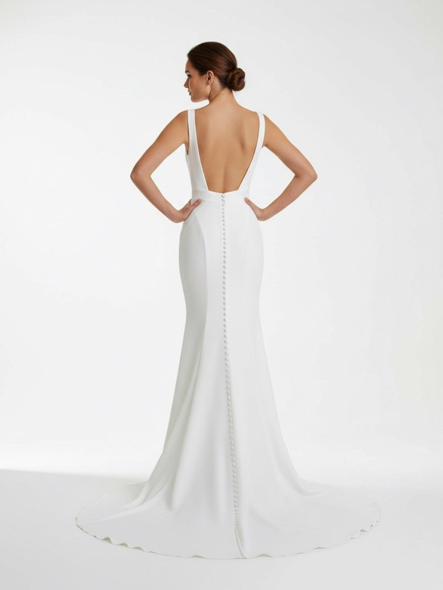 Ivory Plunge V Open Back Mermaid Long Wedding Dress - KissProm