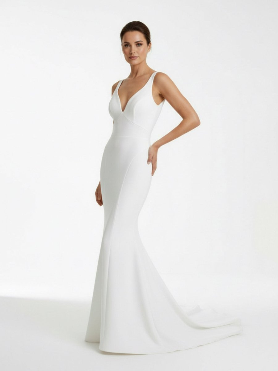Ivory Plunge V Open Back Mermaid Long Wedding Dress - KissProm