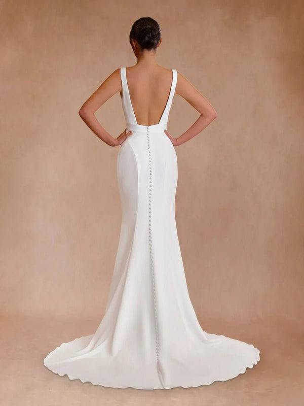 Ivory Plunge V Open Back Mermaid Long Wedding Dress - KissProm
