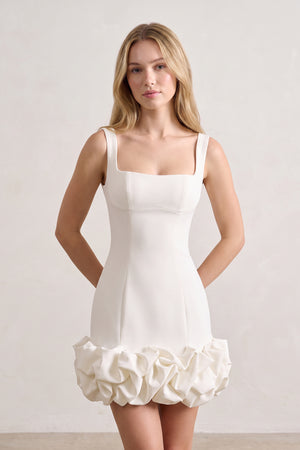 Ivory Ruched Spandex Mini Dress With Ruffles (3) | KISSPROM