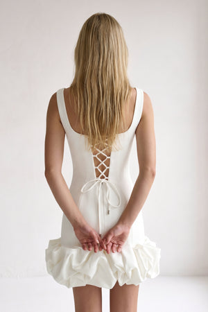 Ivory Ruched Spandex Mini Dress With Ruffles (4) | KISSPROM