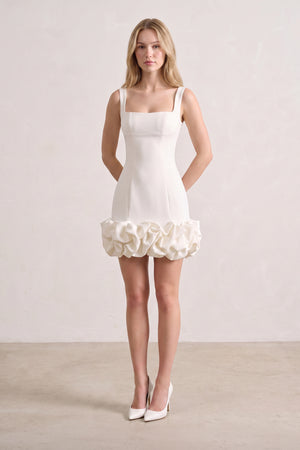 Ivory Ruched Spandex Mini Dress With Ruffles (5) | KISSPROM