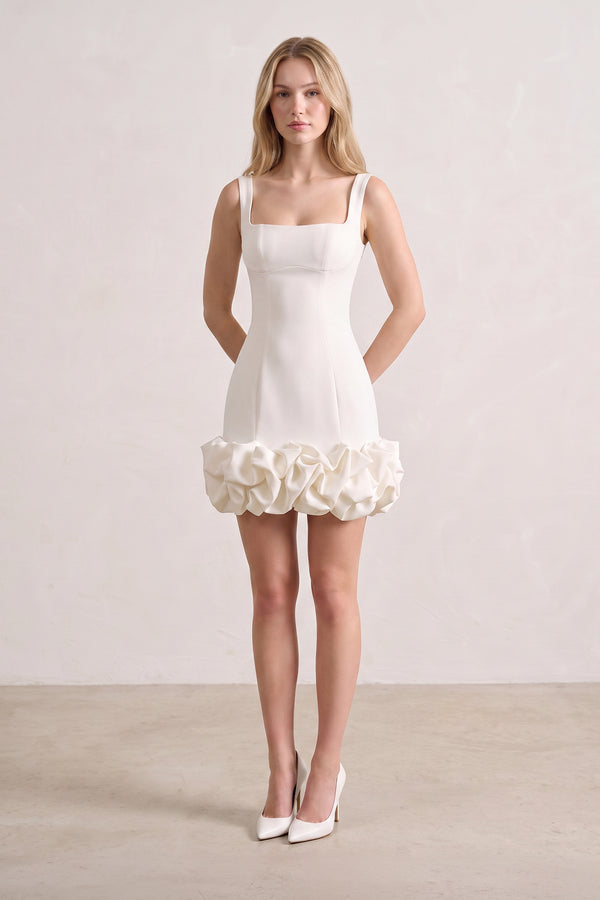 Ivory Ruched Spandex Mini Dress With Ruffles (5) | KISSPROM