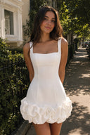 Ivory Ruched Spandex Mini Dress With Ruffles | KISSPROM