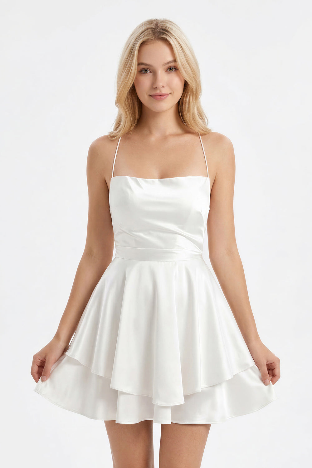 Ivory Ruffled A-Line Satin Graduation Dress - KISSPROM