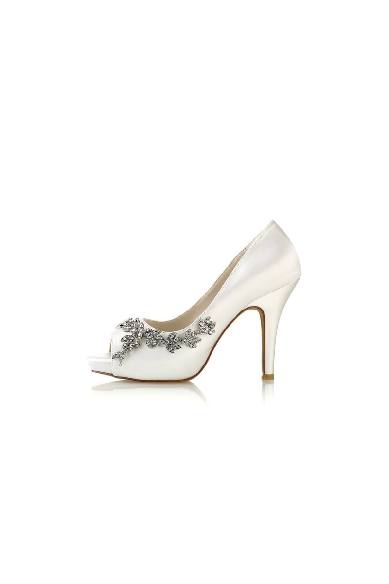 Champagne Satin Heels with Silver Metal Flower Ornament - KissProm