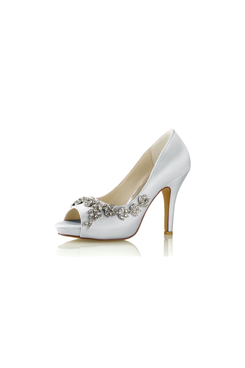 Champagne Satin Heels with Silver Metal Flower Ornament - KissProm