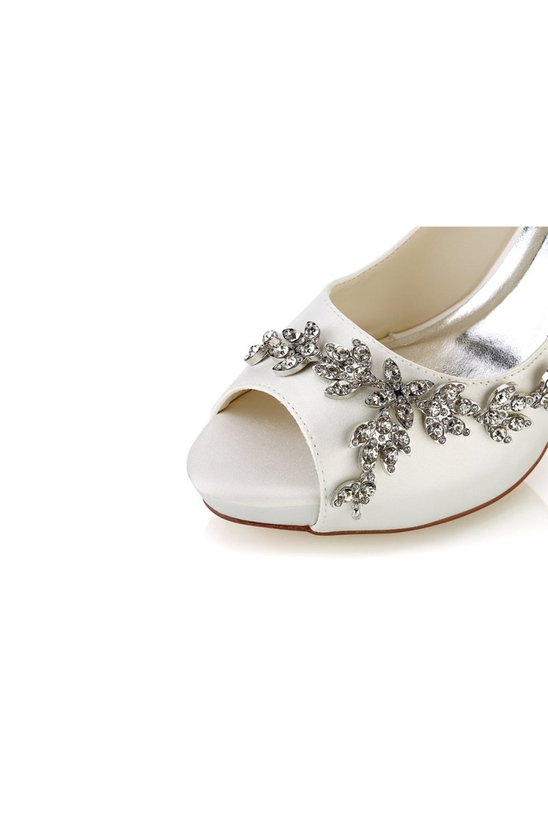 Champagne Satin Heels with Silver Metal Flower Ornament - KissProm