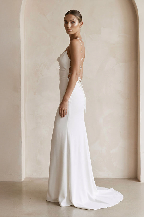 KissProm Ivory Satin Mermaid Lace-up Back Wedding Dress in White, White / 20