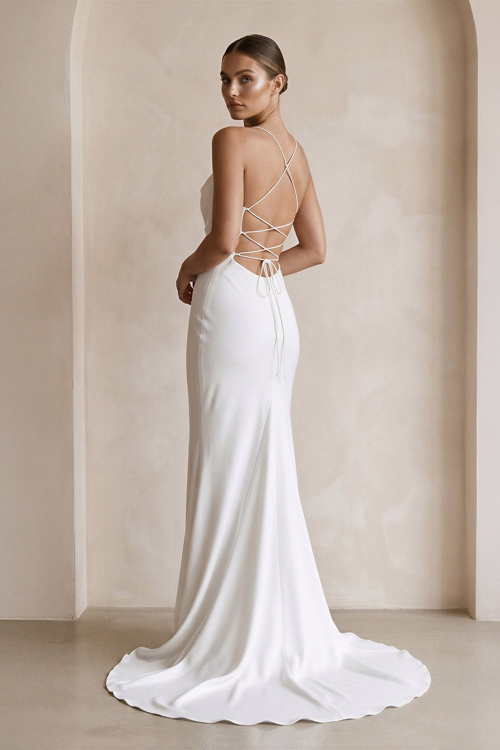 Ivory Satin Mermaid Lace - up Back Wedding Dress in White - KissProm Wedding Dresses