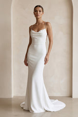 Ivory Satin Mermaid Lace - up Back Wedding Dress in White - KissProm Wedding Dresses