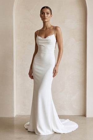 Ivory Satin Mermaid Lace - up Back Wedding Dress in White - KissProm Wedding Dresses