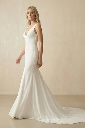 Ivory Satin V - Neck Mermaid Wedding Dress - KissProm Wedding Dresses