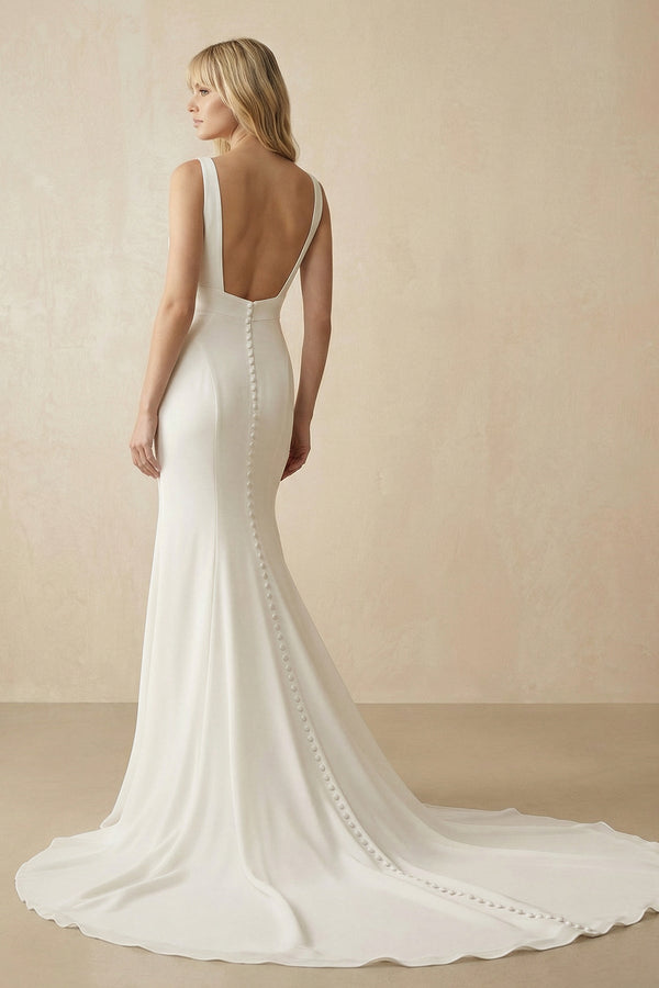 Ivory Satin V - Neck Mermaid Wedding Dress - KissProm Wedding Dresses