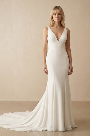 Ivory Satin V - Neck Mermaid Wedding Dress - KissProm Wedding Dresses