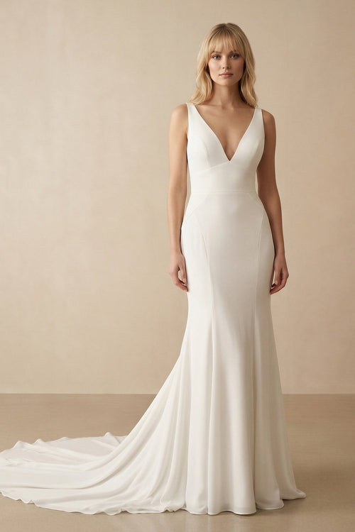 Ivory Satin V - Neck Mermaid Wedding Dress - KissProm Wedding Dresses