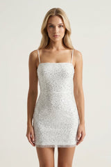 Ivory Sequin Sheath Mini Graduation Dress - KissProm