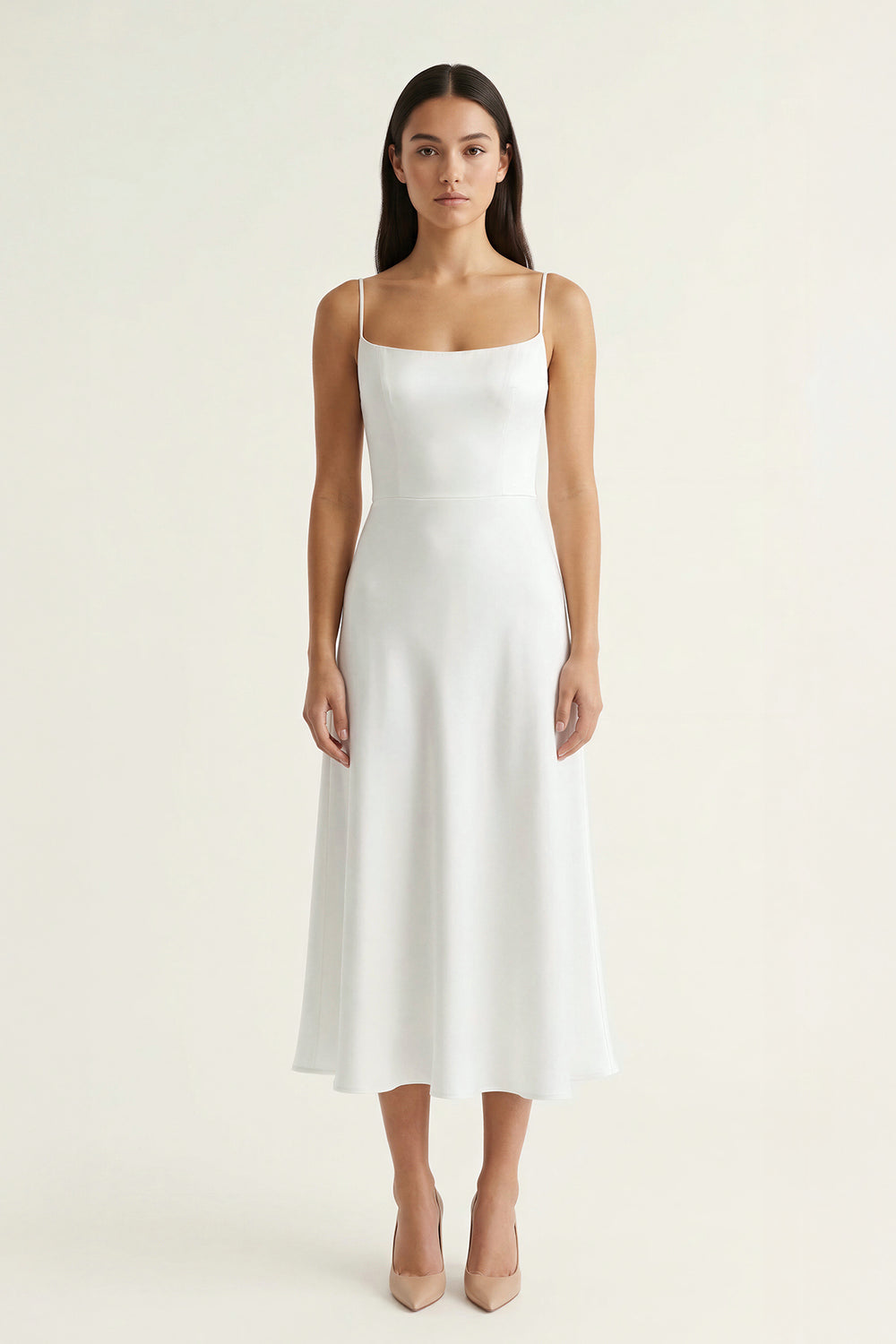Ivory Spaghetti Strap A-Line Midi Dress - KISSPROM