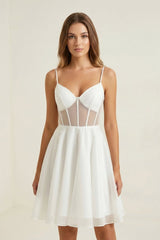 Ivory Spaghetti Strap Tulle A-Line Corset Graduation Dress – Graduation Dresses by KissProm | Available at KissProm