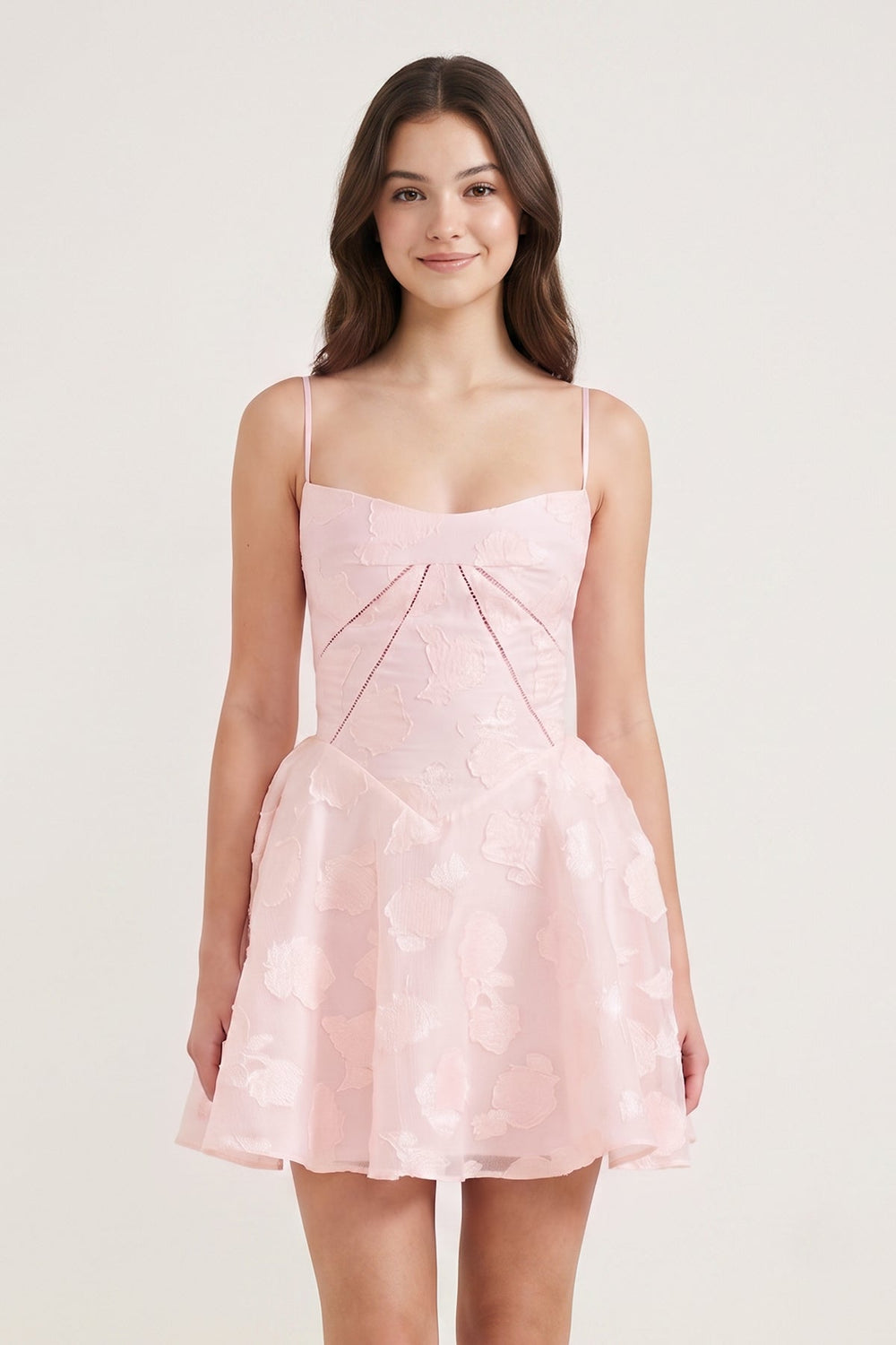 Pink Spaghetti Straps Chiffon Jacquard A-Line Homecoming Dress | KISSPROM