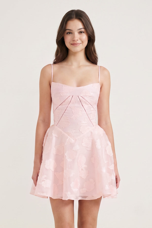 Pink Spaghetti Straps Chiffon Jacquard A-Line Homecoming Dress | KISSPROM