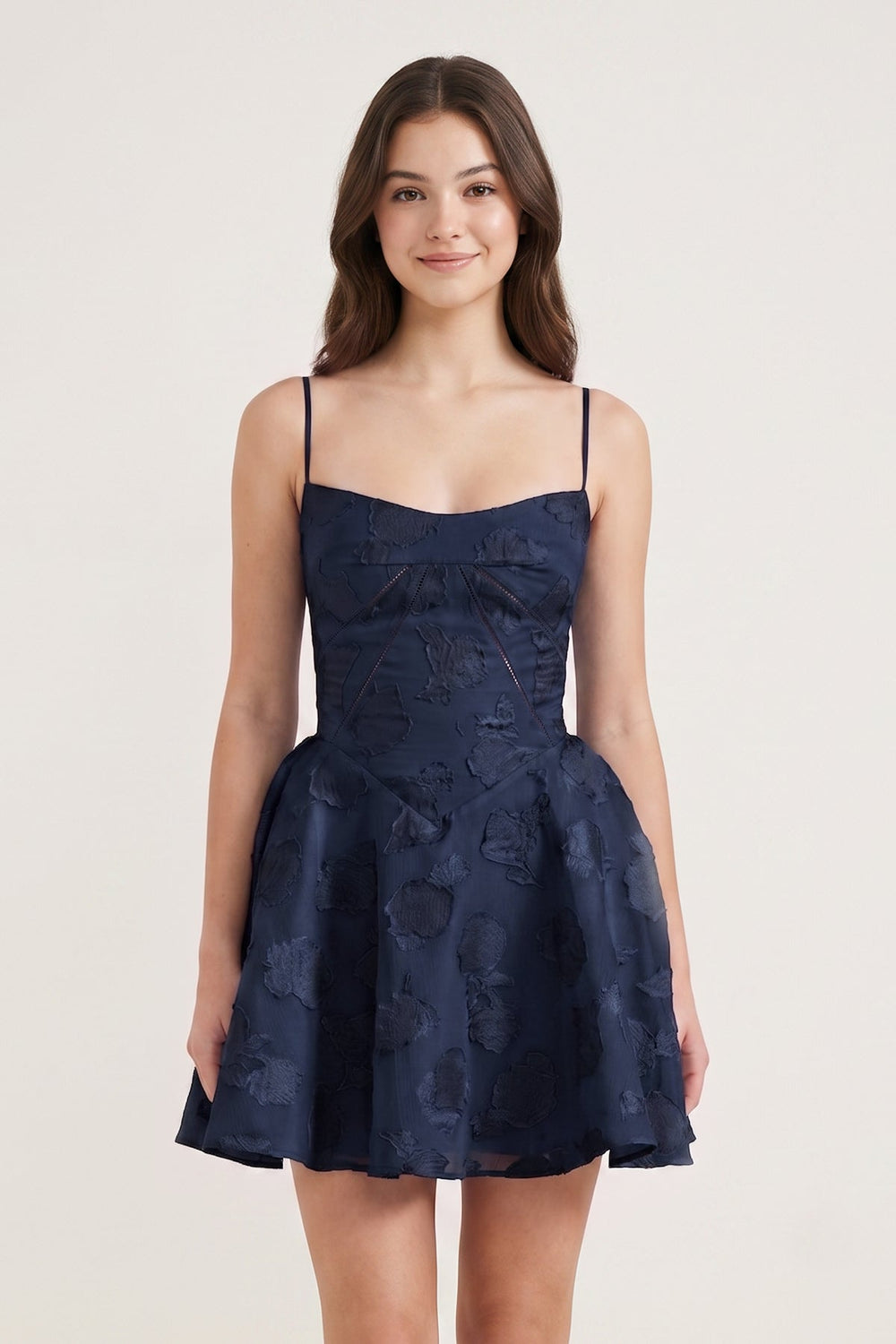 Navy Blue Spaghetti Straps Chiffon Jacquard A-Line Homecoming Dress | KISSPROM