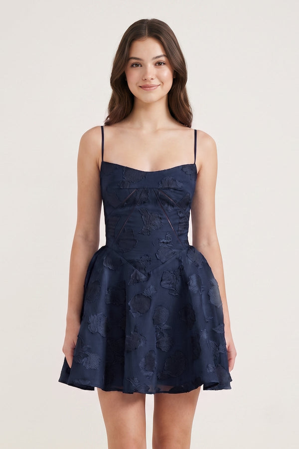 Navy Blue Spaghetti Straps Chiffon Jacquard A-Line Homecoming Dress | KISSPROM