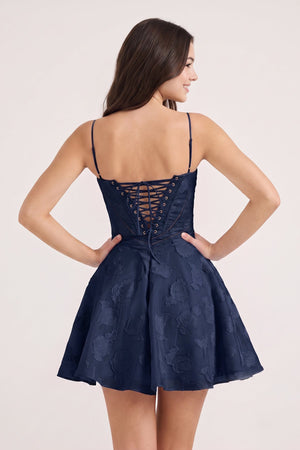 Navy Blue Spaghetti Straps Chiffon Jacquard A-Line Homecoming Dress (2) | KISSPROM
