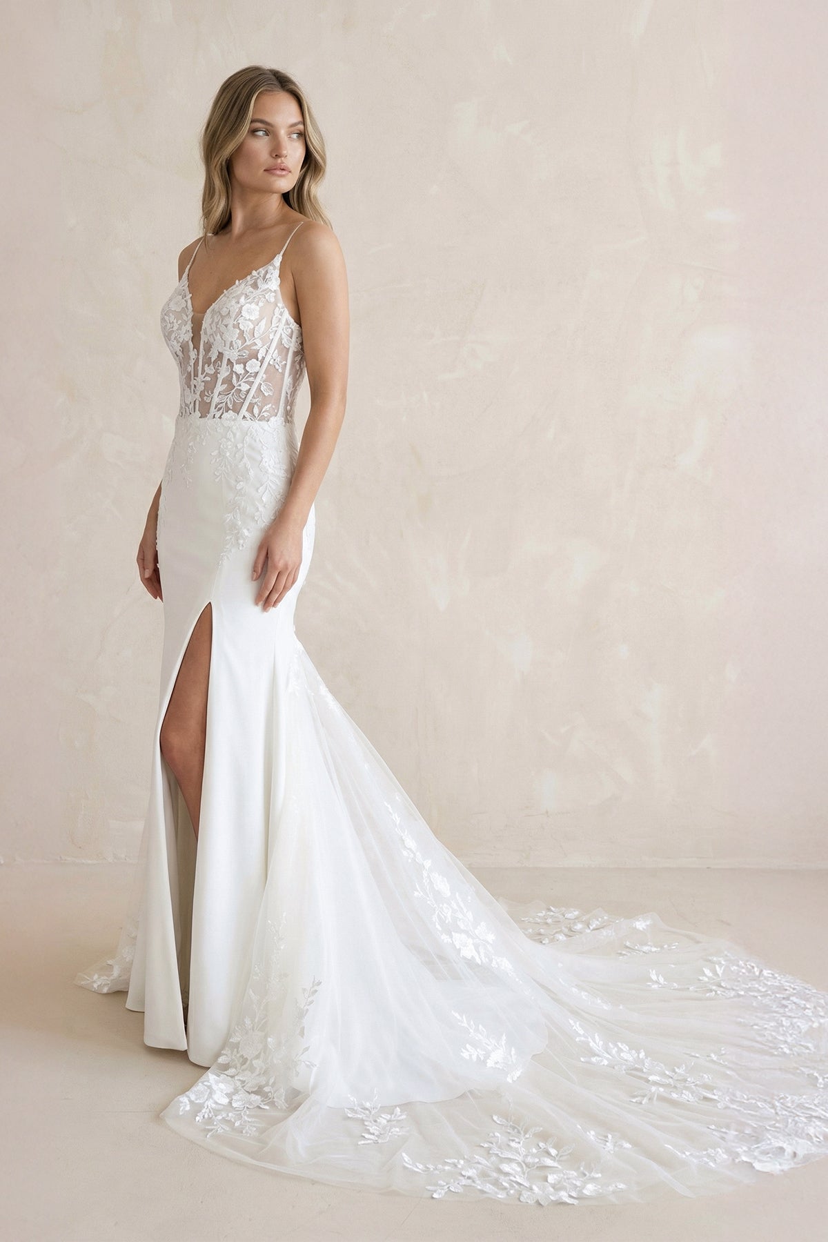 KissProm Spaghetti Straps High Slit Mermaid Wedding Dress with Appliques, Diamond White / 26