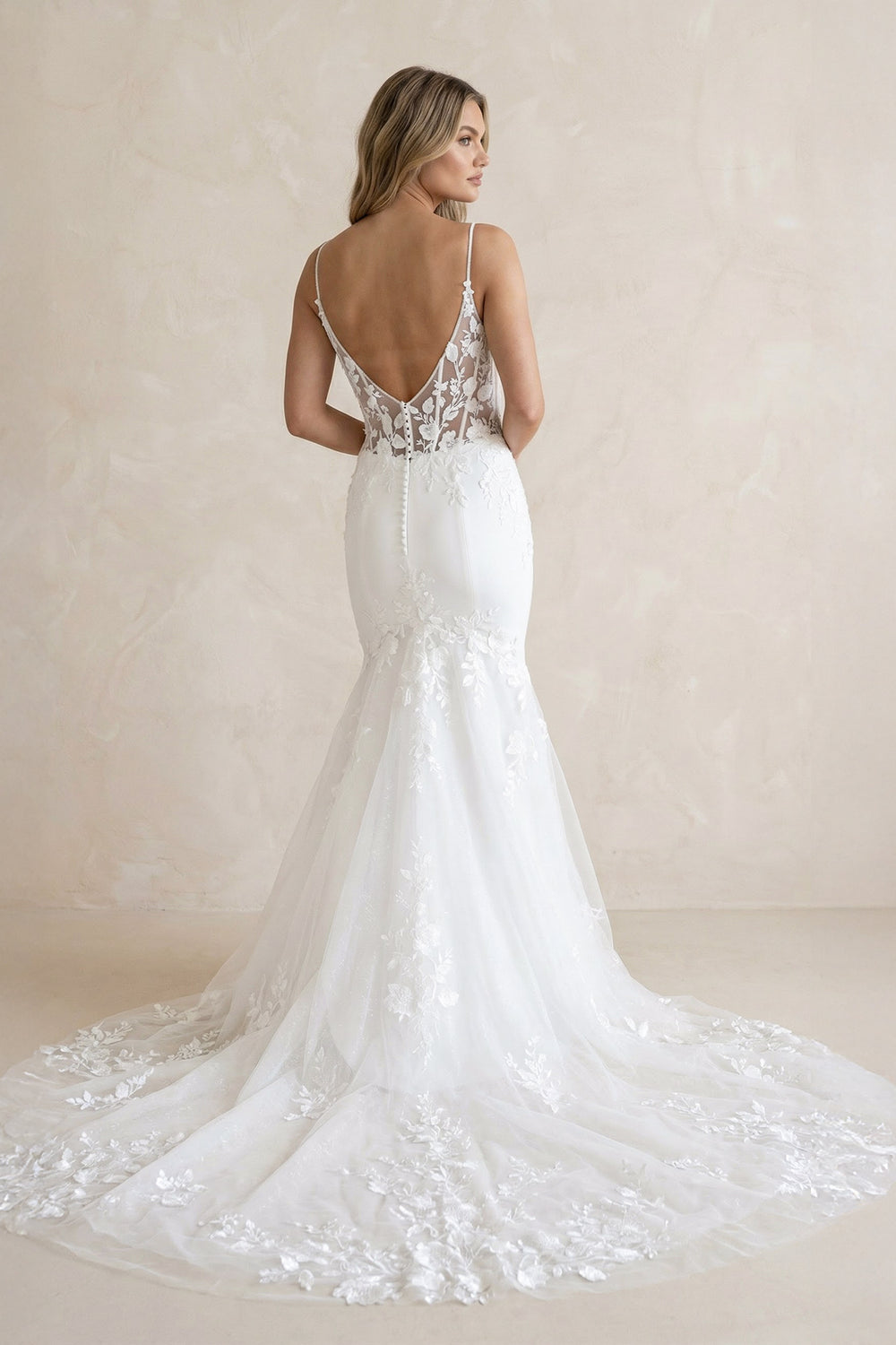 Devonsol | Ivory Spaghetti Straps High Slit Mermaid Wedding Dress with Appliques – Wedding Dresses by KissProm | Available at KissProm