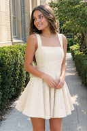 Ivory Sparkly Square Neck A-Line Sequin Ruched Homecoming Dress with Bow | KISSPROM