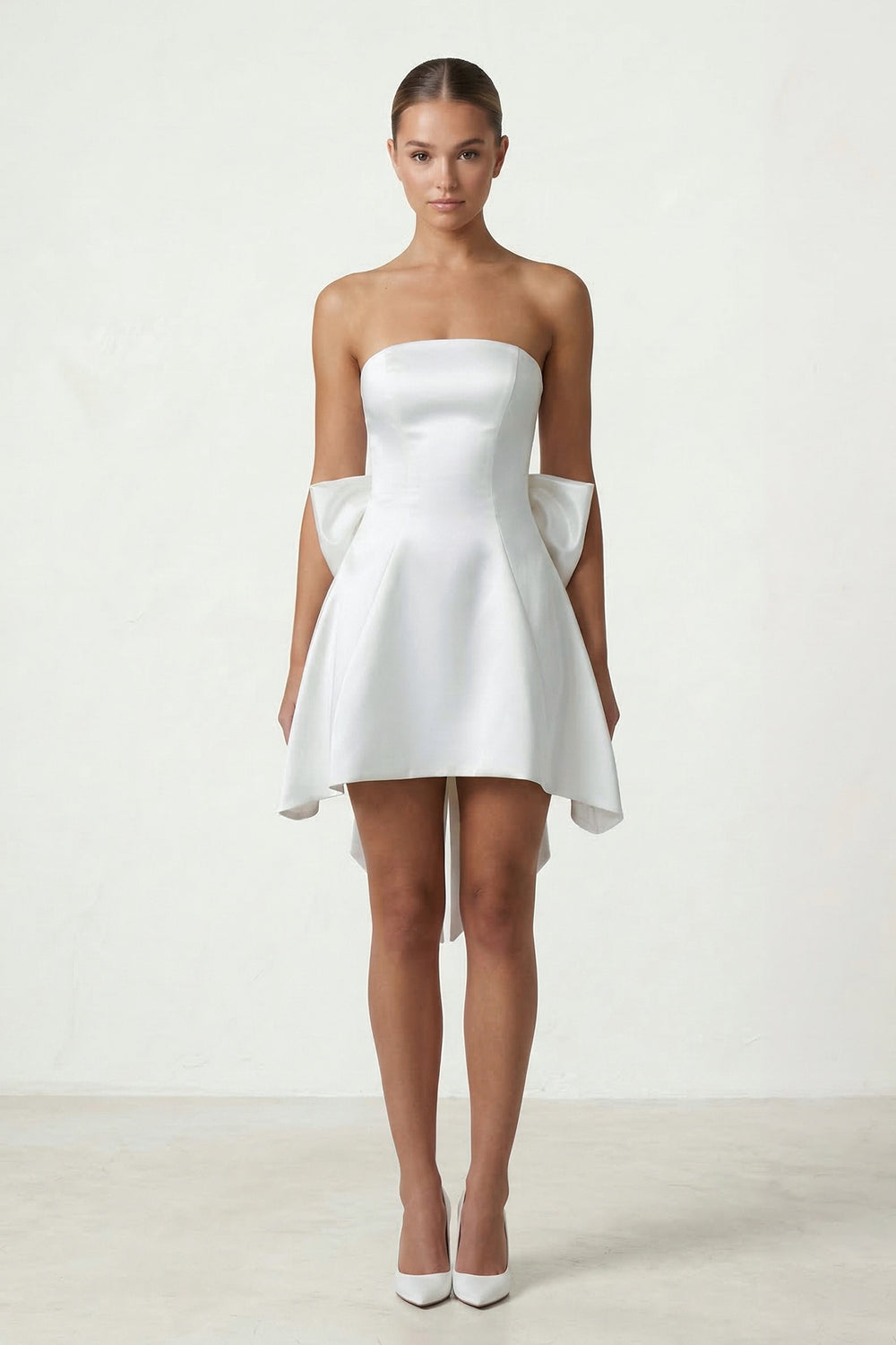 Ivory Strapless A-Line Satin Graduation Dress with Bow - KISSPROM